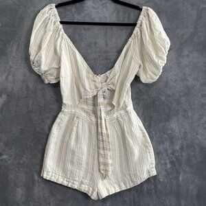 WINSTON WHITE Women Striped Tie Front Puff Sleeves Romper Sz S Ivory Beach 48-29